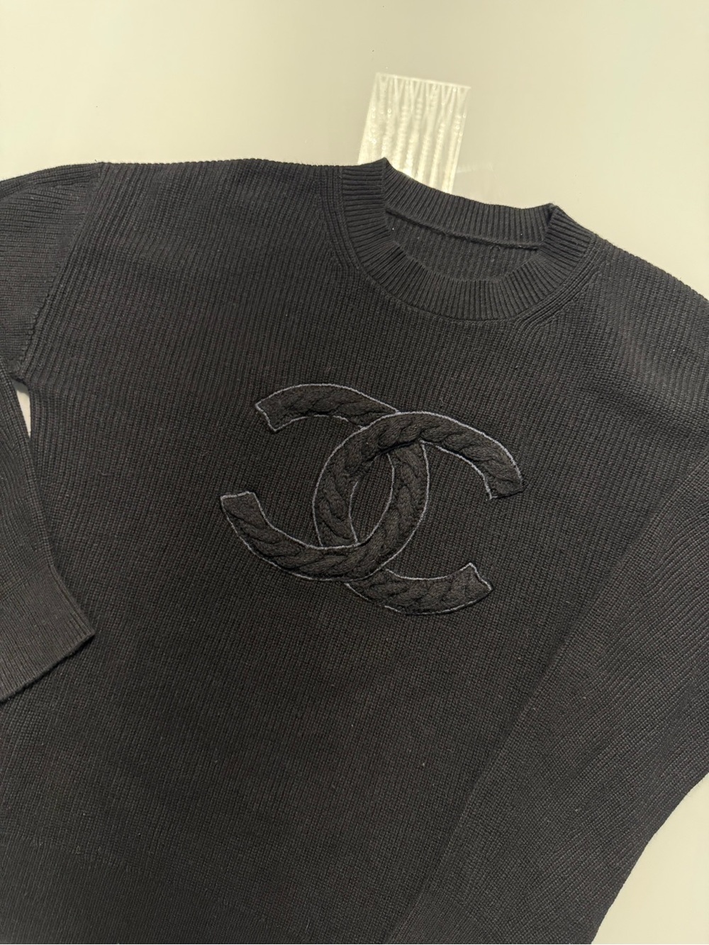 CHANEL Black Crewneck Sweater with Embroidered CC Logo - Picture 5 of 7